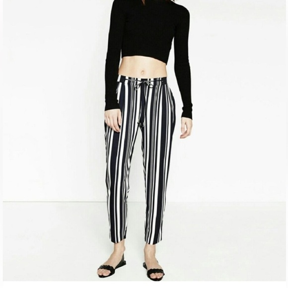 ZARA Basic Black White Stripe Drawstring Trouser Pant XS - Picture 2 of 10